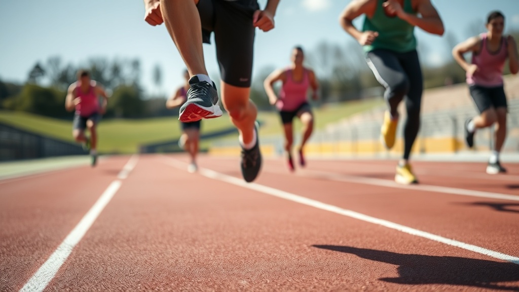 트랙 위에서 보강 운동을 통해 발목 탄성과 빠른 발놀림을 연습하고 있는 운동선수들