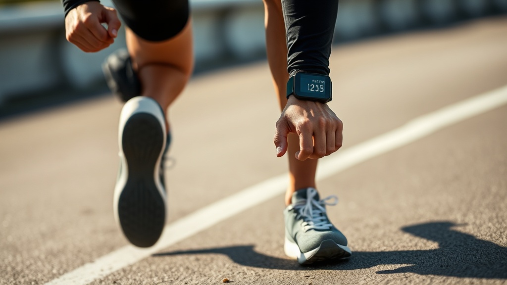 러닝 워치를 확인하며 메트로놈 박자에 맞춰 일정한 보폭으로 달리고 있는 러너의 모습